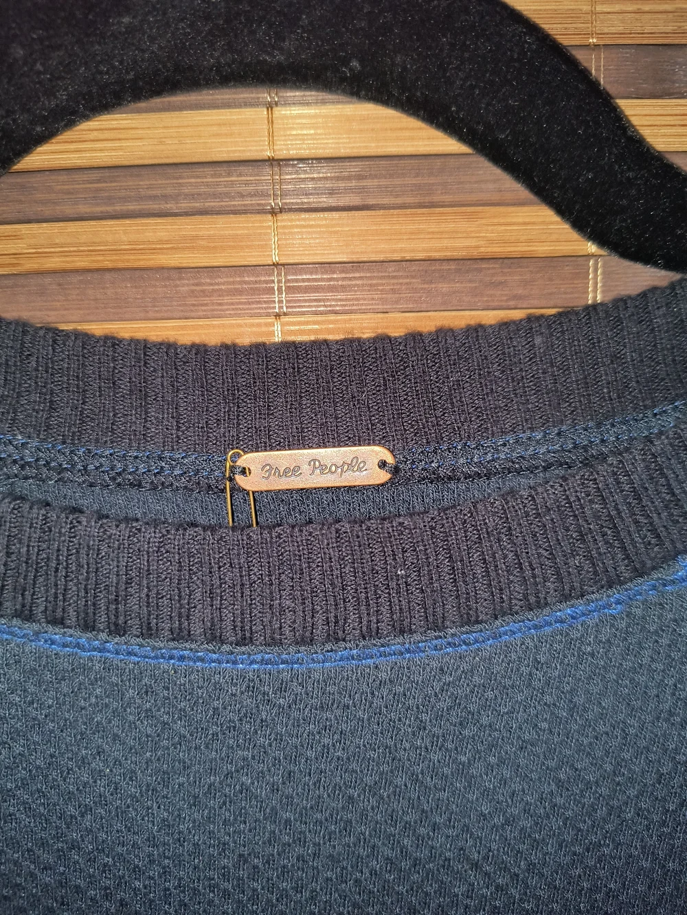 Free People Navy Waffle Thermal Top with Multicolor Patterned Sleeve Panels
